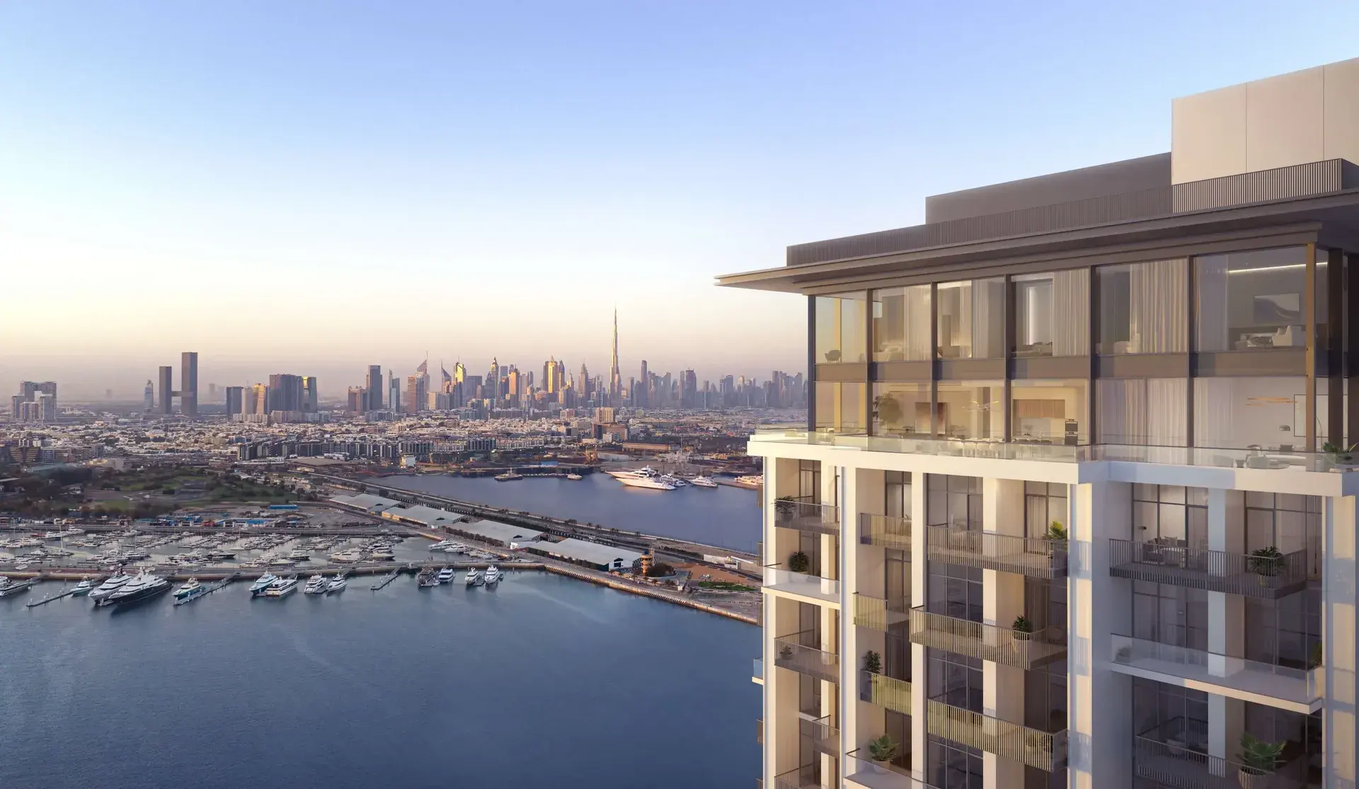 Aria tower overlooking the marina and the Dubai skyline