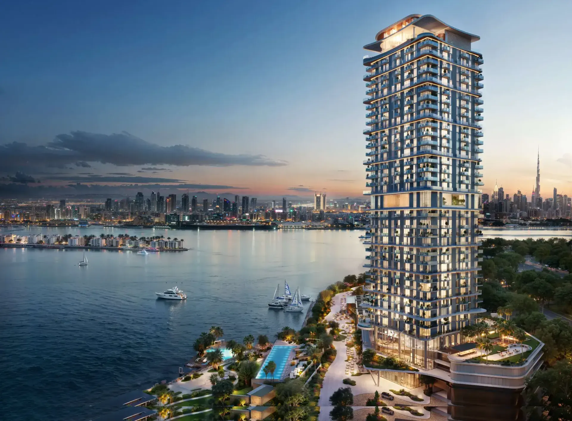 Sensia tower on the bay with the Dubai skyline at dusk