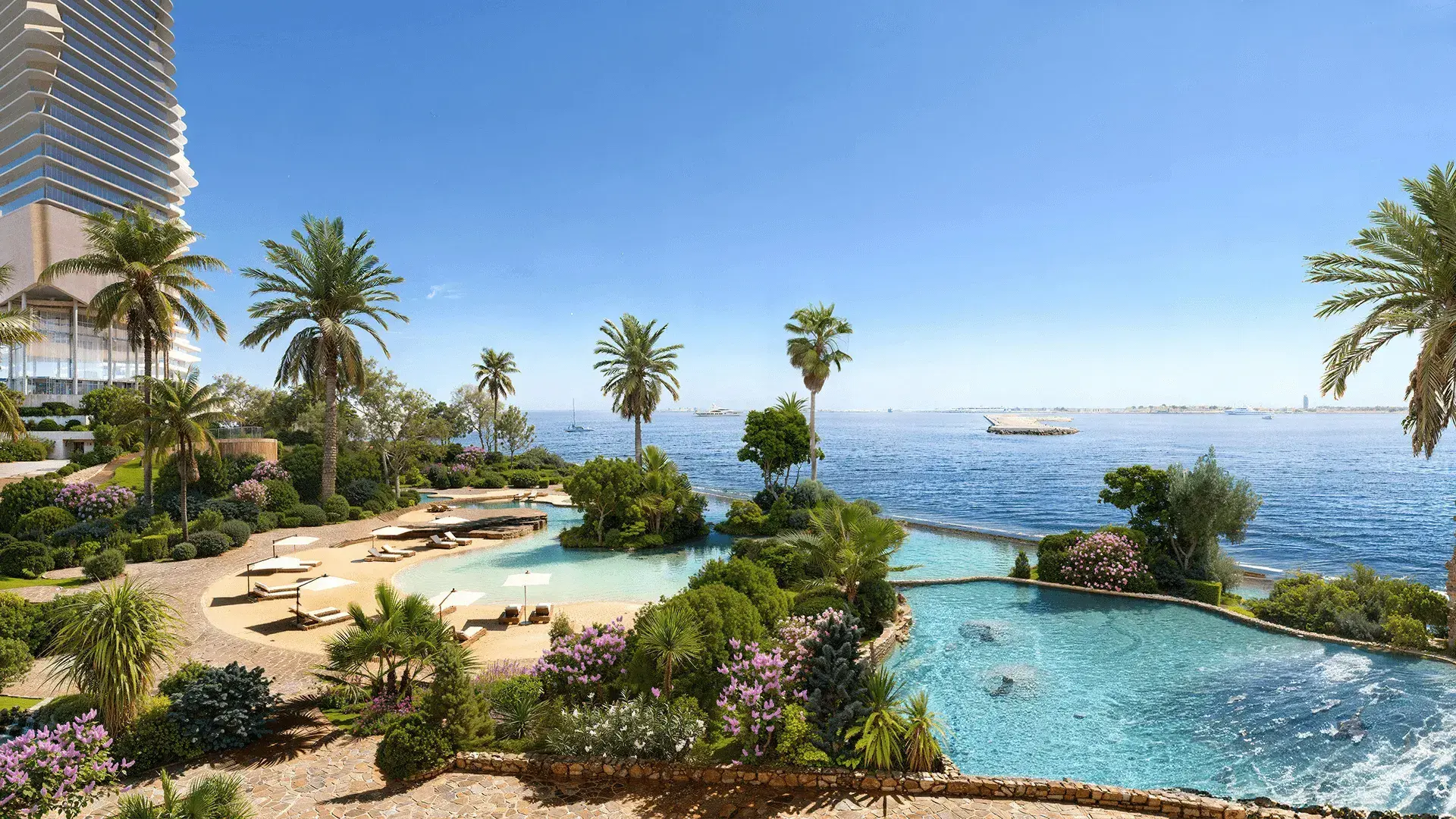 Lagoon pools and palm gardens on the sea in BEYOND's Dubai Maritime City masterplan