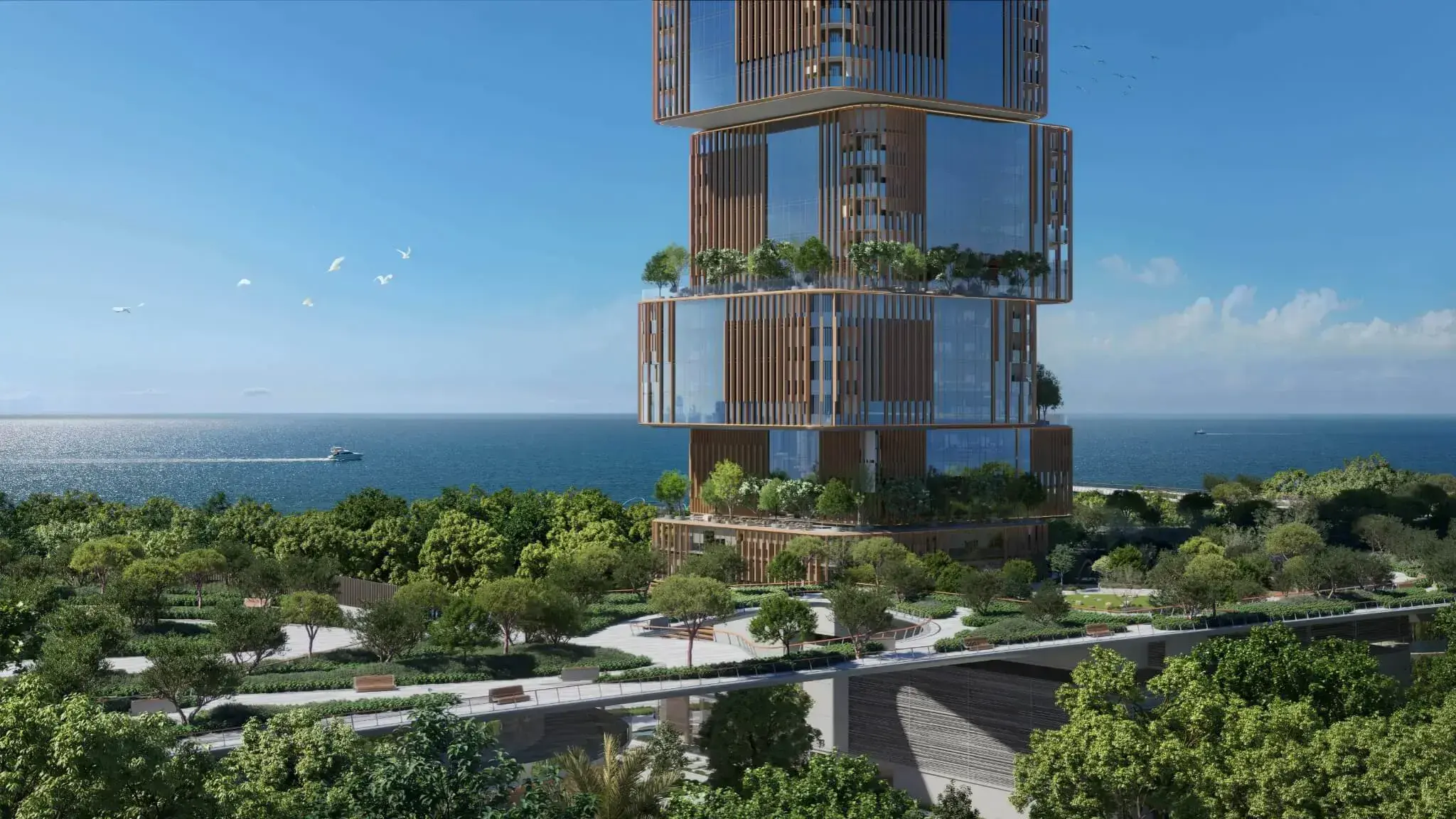 31 Above office tower rising above landscaped gardens by the sea