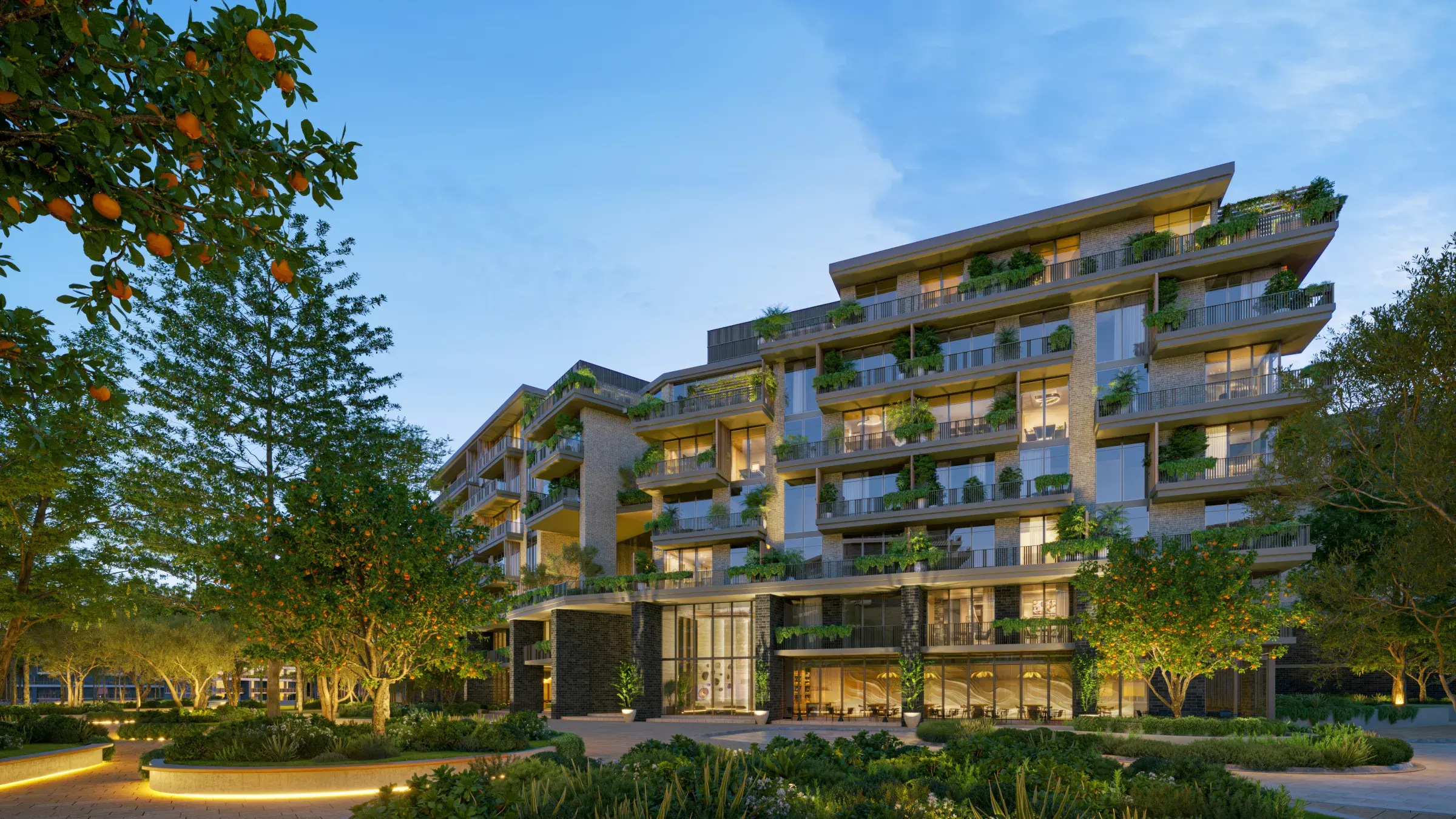 Mediterranean-inspired facade at Arancia Yards