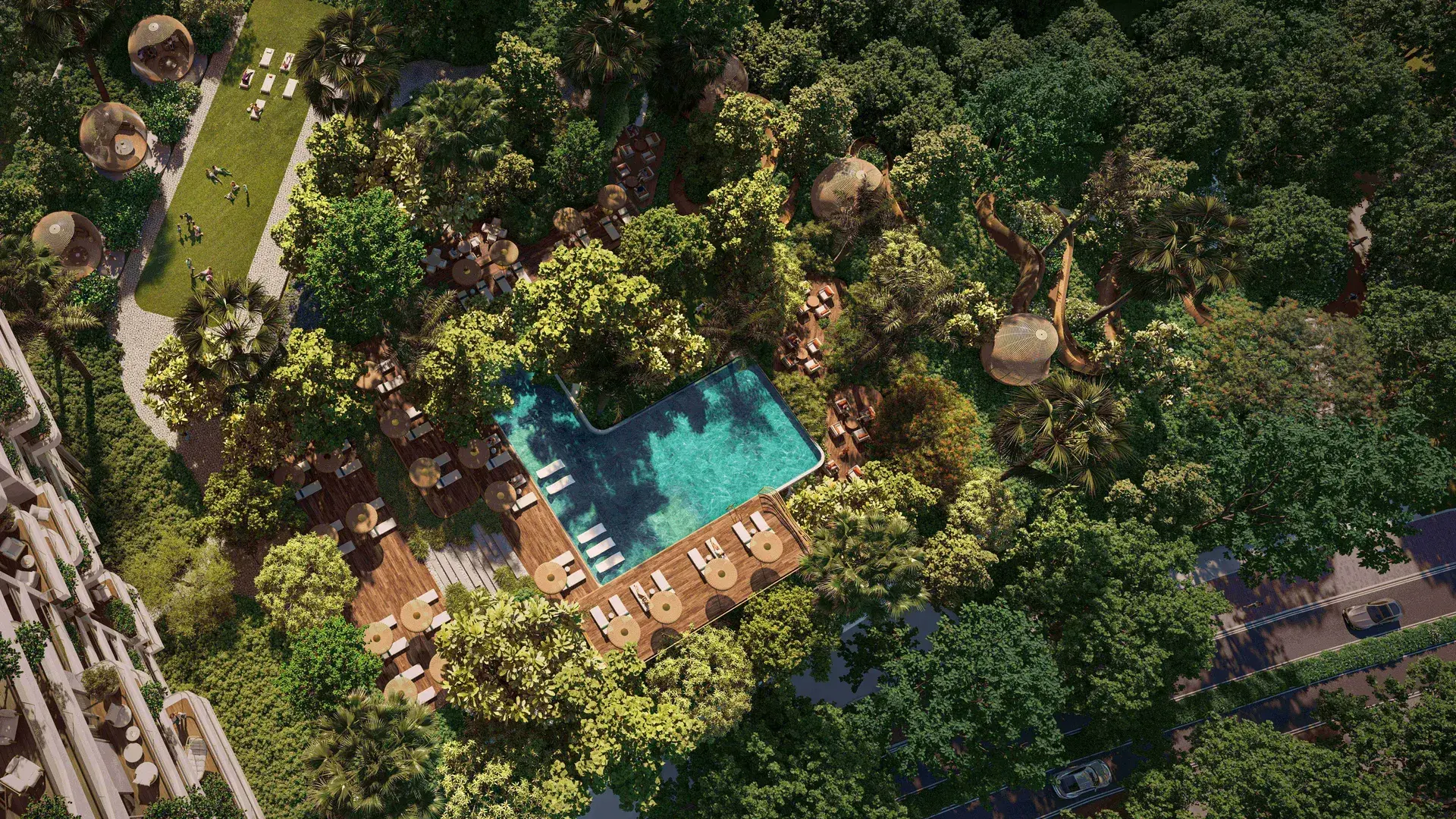 Aerial view of the pool and forest gardens at Talea