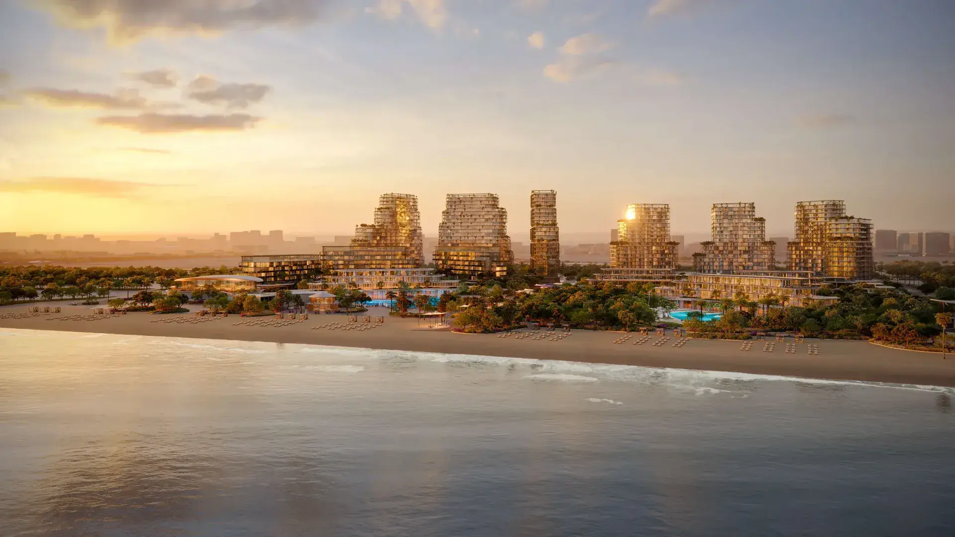 Hado's towers on the Dubai Islands beachfront at sunset