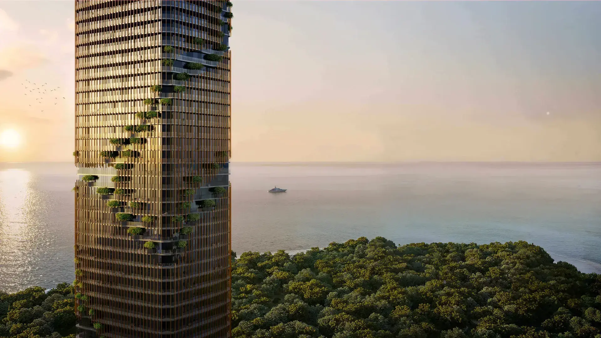 Kanyon tower with planted terraces above the forest and the sea