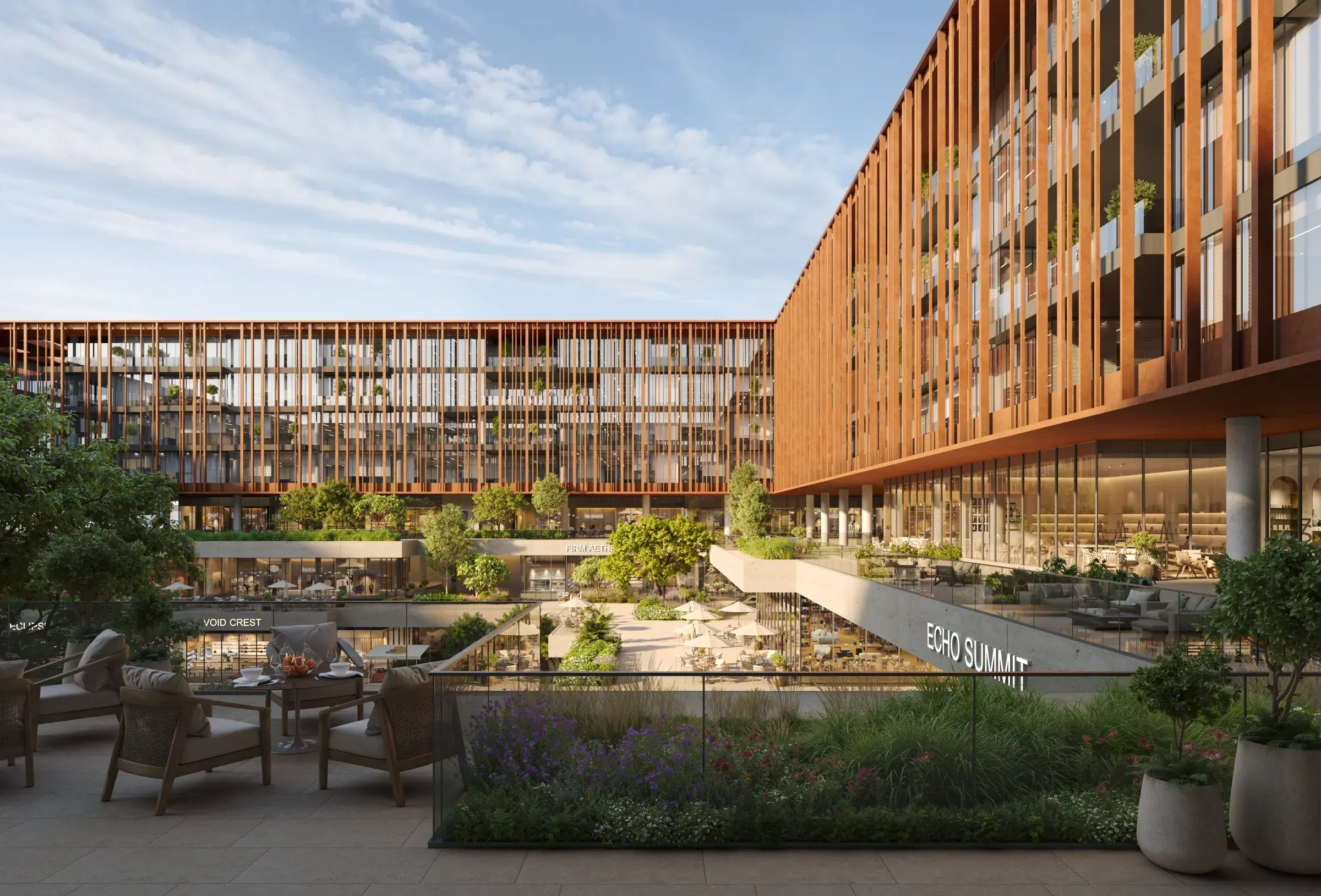 Shaded seating in the central courtyard