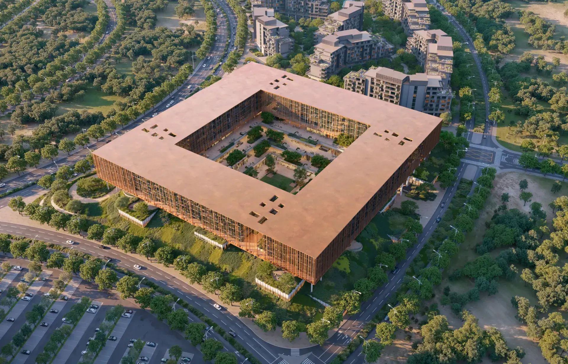 The Yards Plaza from above, four blocks around a landscaped courtyard