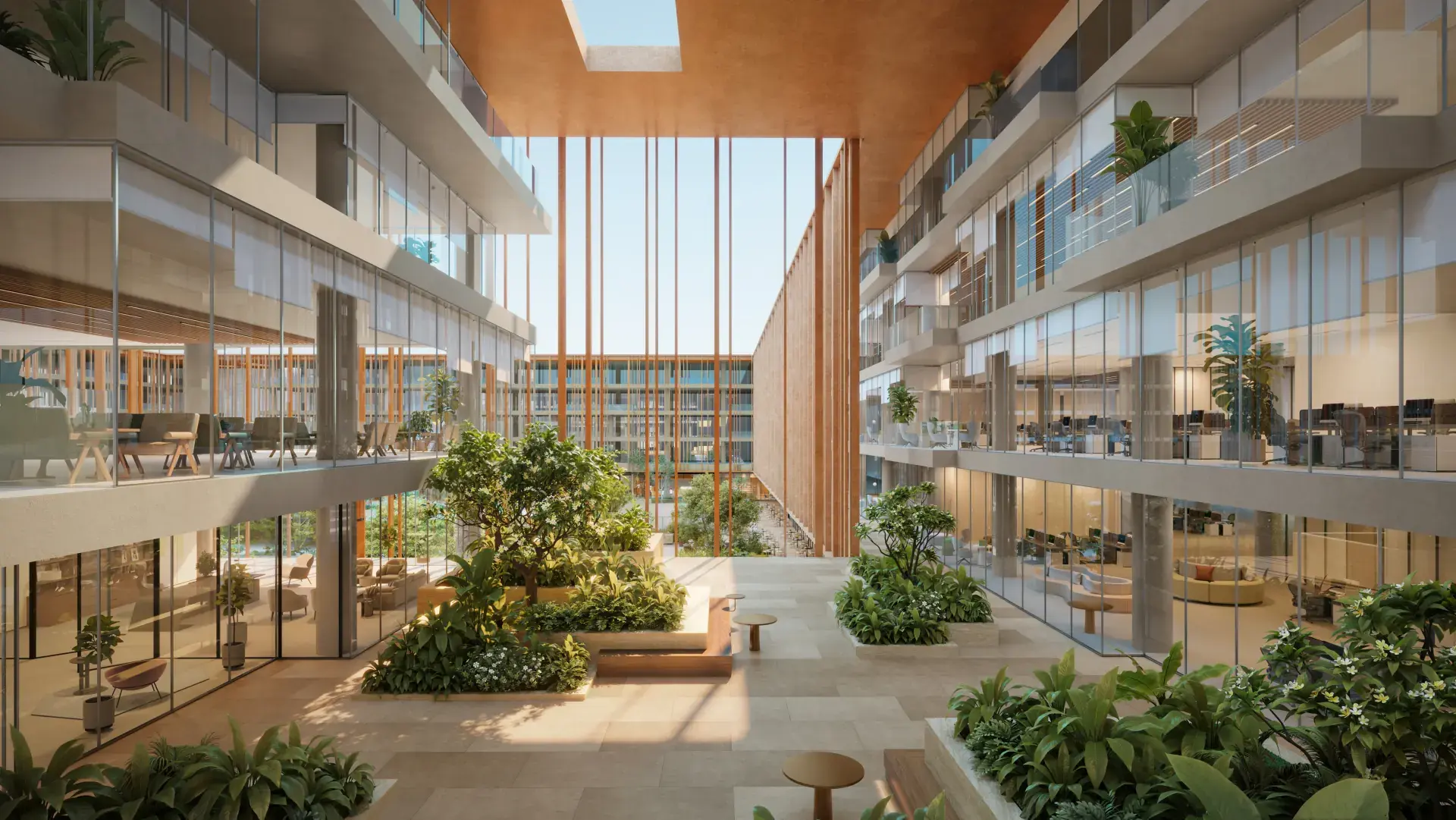 Planted atrium connecting the office floors