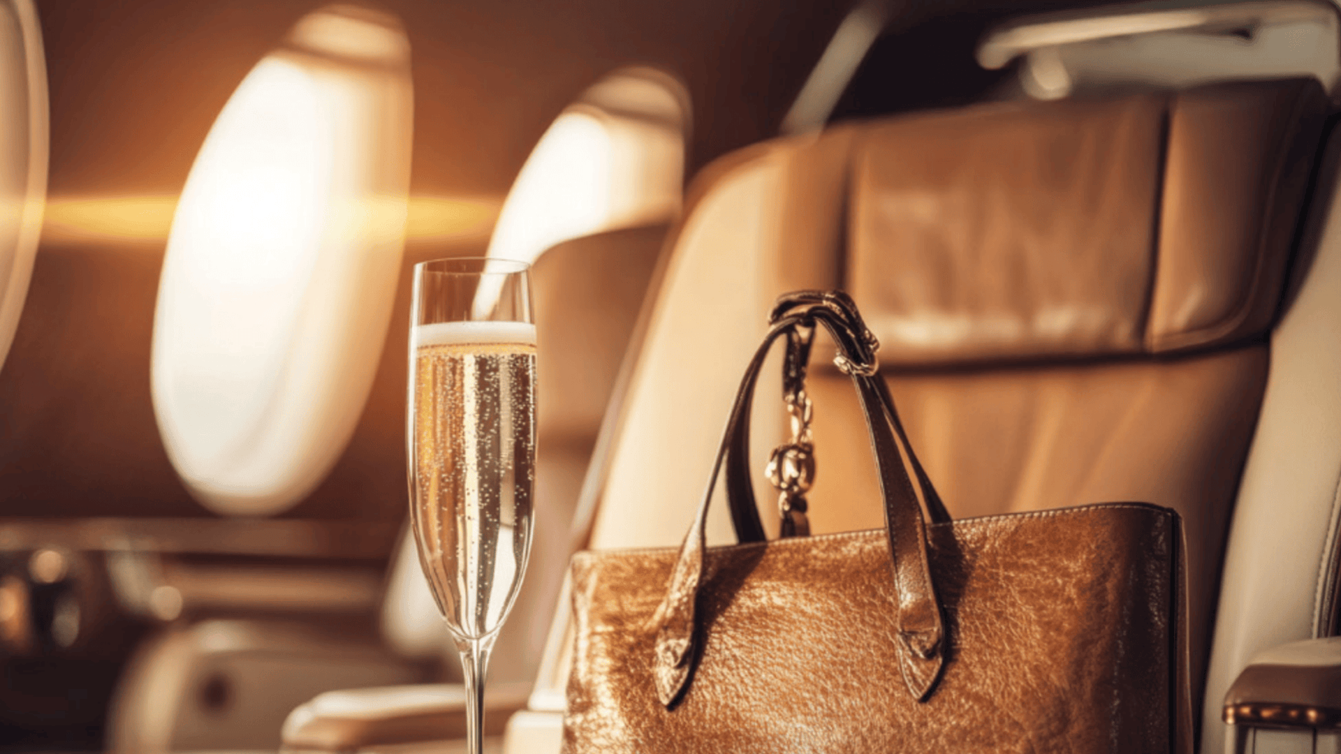 Champagne and a leather handbag in an aircraft cabin