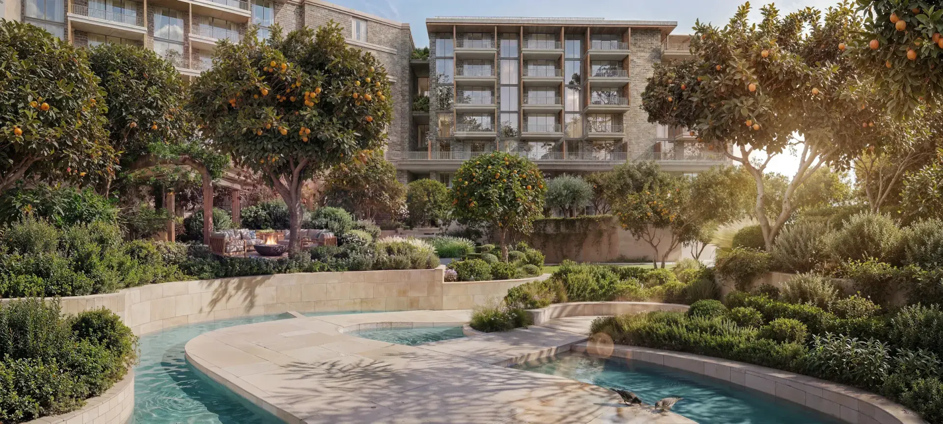 Cascading water feature in the courtyard, Arancia Yards