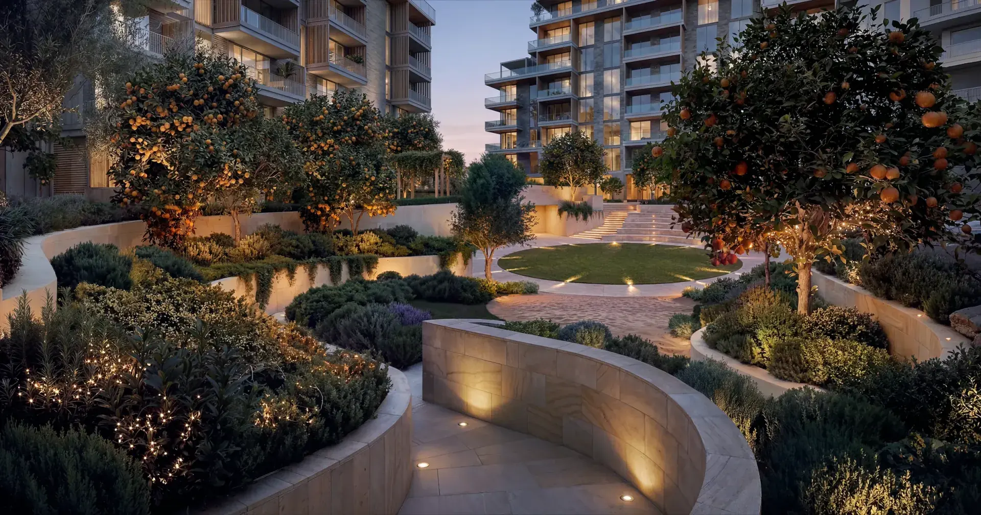 Green walkways through the courtyard, Arancia Yards