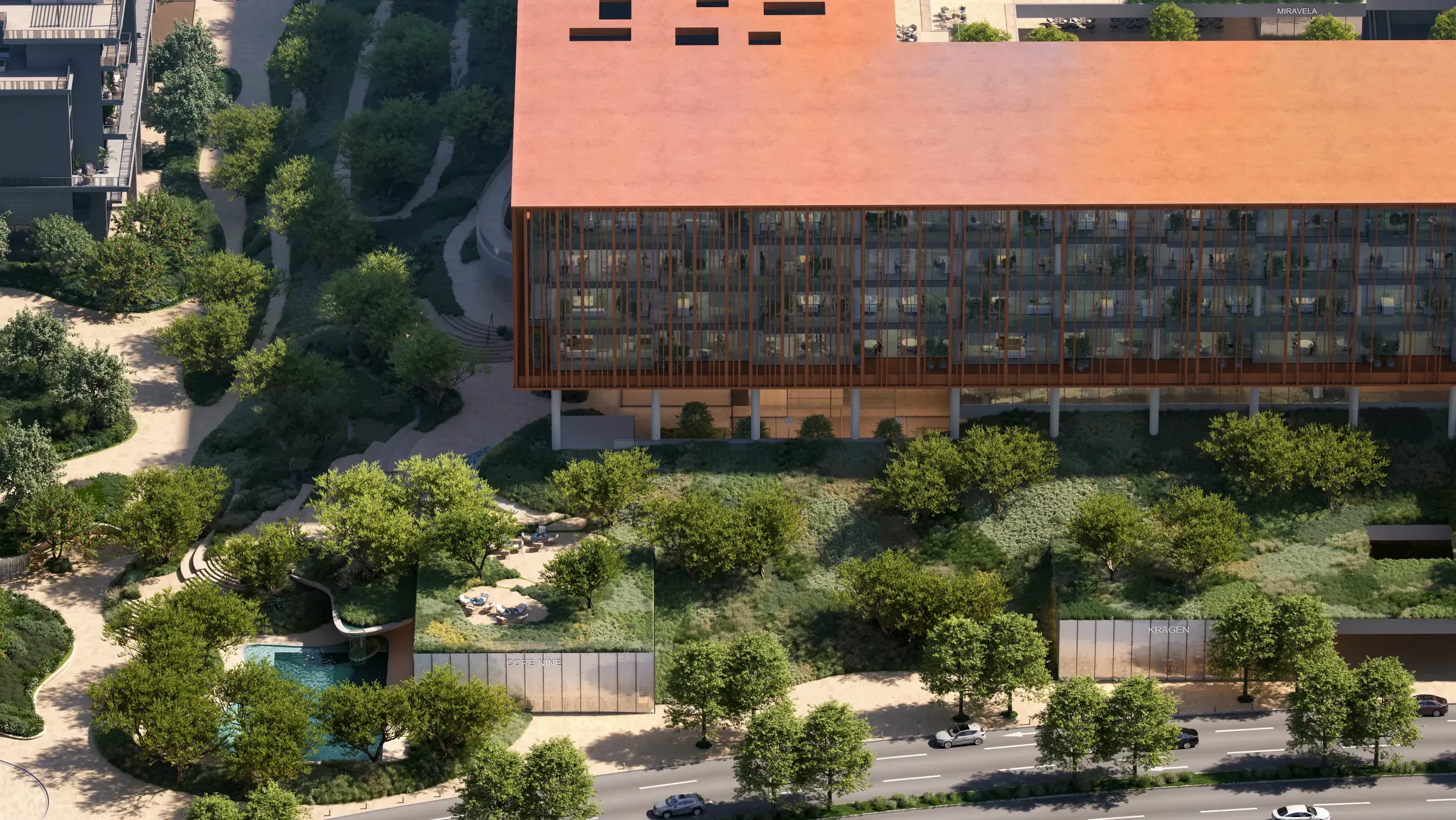 Office facade above the sculpted landscape